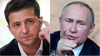 Russian President Vladimir Putin, right, and Ukrainian President Volodymyr Zelenskyy, left. 