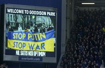 A screen shows support for Ukraine before the English Premier League match between Everton and Manchester City at Goodison Park in Liverpool.