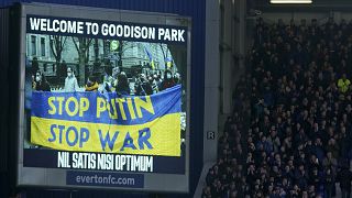 A screen shows support for Ukraine before the English Premier League match between Everton and Manchester City at Goodison Park in Liverpool.