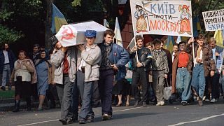Ukrán bányászok a Szovjetuniót kísérik utolsó útjára 1990. október 1-jén, „Kijev Moszkva ellen” – üzenték