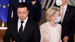 European Commission President Ursula von der Leyen, right, and Ukraine's President Volodymyr Zelenskyy, left.