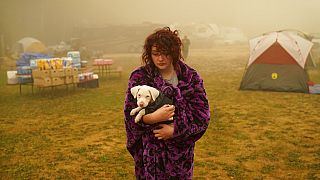 Eine Frau mit ihrem Hund in einem Zelt in der Milwaukie-Portland Elks Lodge, in Oak Grove, Oregon, USA, 13.09.2020