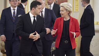 Ukrainian President Volodymyr Zelenskyy, left, and European Commission President Ursula von der Leyen