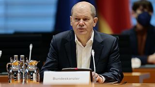 Olaf Scholz kancellár a német biztonsági kabinet ülésén, Berlinben