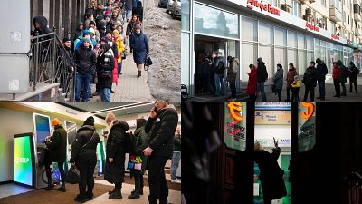 Thousands of Russians joined long queues to withdraw currency from banks as sanctions began to make an impact.