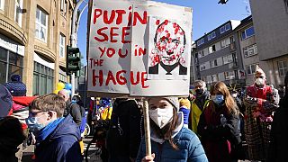 Slogans gegen Russlands Präsident Wladimir Putin beim Karneval am Rosenmontag in Köln