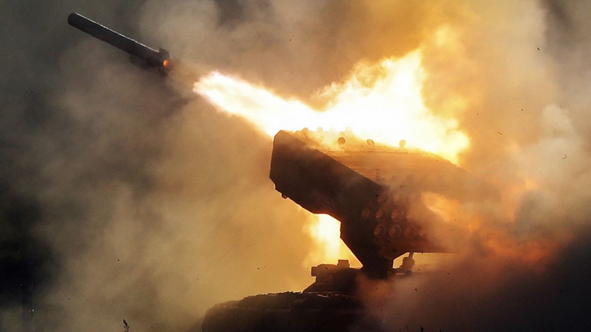 Russian heavy flamethrower system TOS-1 fires during the International Military Technical Forum Army-2018 in Alabino, outside Moscow, Tuesday, Aug. 21, 2018.