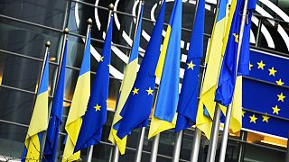 Die Flaggen der Ukraine und der Europäischen Union Seite an Seite vor einer außerordentlichen Plenarsitzung zur Ukraine im EU-Parlament.