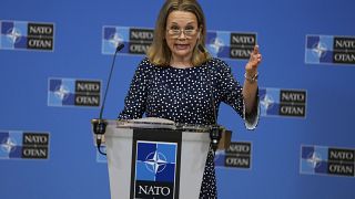 United States Ambassador to NATO Julianne Smith speaks during a media conference at NATO headquarters in Brussels, Tuesday, Feb. 15, 2022.