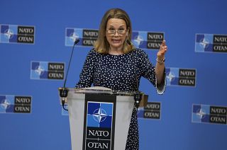 United States Ambassador to NATO Julianne Smith speaks during a media conference at NATO headquarters in Brussels, Tuesday, Feb. 15, 2022.