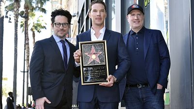JJ Abrams, from left, Benedict Cumberbatch and Kevin Feige attend a ceremony honoring Cumberbatch with a star on the Hollywood Walk of Fame, Monday, Feb. 28, 2022, in LA