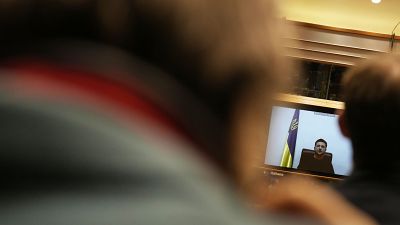 Ukraine President Volodymyr Zelenskyy addresses MEPs from Kyiv