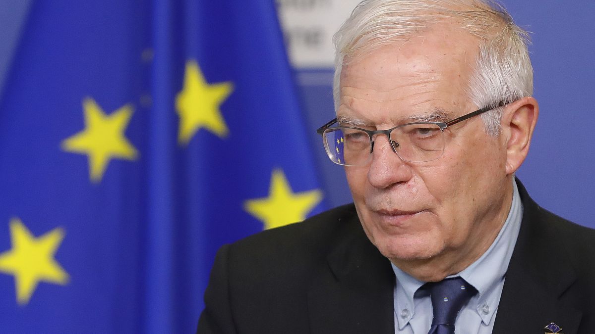 European Union foreign policy chief Josep Borrell speaks at the EU headquarters in Brussels.