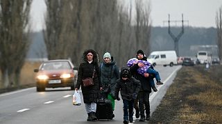 پناهندگان اوکراینی پس از عبور از ایست بازرسی مرز مولداوی-اوکراین در نزدیکی شهر پالانکا، جاده ای را طی می کنند.