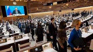 Ambassadors and diplomats leave the room while Russia's foreign minister speaks at the Conference on Disarmament in Geneva on Tuesday.