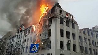 Damaged Kharkiv regional police department building caught on fire in Kharkiv, Ukraine, on March, 2, 2022