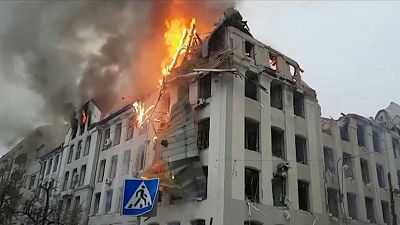 Damaged Kharkiv regional police department building caught on fire in Kharkiv, Ukraine, on March, 2, 2022