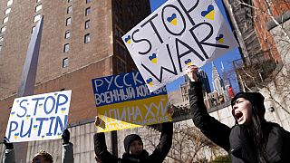 Demonstrators supporting Ukraine gather outside the United Nations during an emergency meeting of the U.N. General Assembly