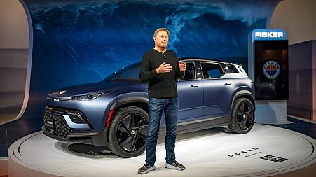 Henrik Fisker, the Fisker CEO, presents the new all-electric 630km range advanced technology Fisker Ocean car during the Mobile World Congress 2022 in Barcelona, Spain, Monday