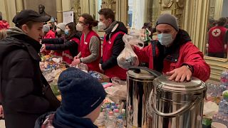 In Budapest Nyugati waiting room, volunteers distribute the donations brought in to refugees coming from Ukraine on Tuesday, 1st March, 2022.