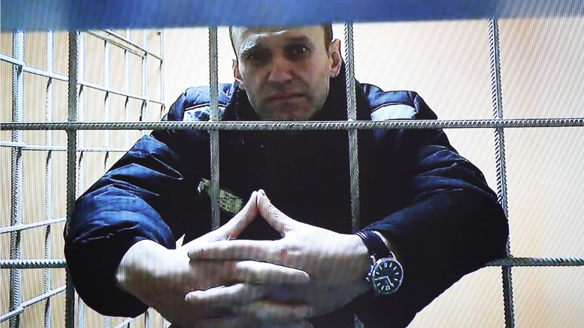 Alexei Navalny, pictured via video link from a prison in December.