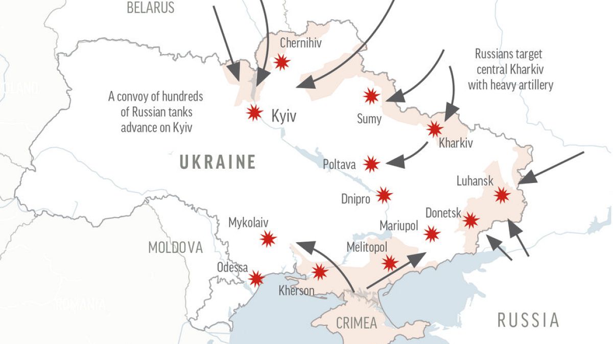 Χάρτης που δείχνει τα σημεία της ρωσικής προέλασης στην Ουκρανία μέχρι την 1η Μαρτίου