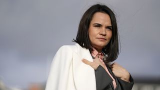 Belarusian opposition politician Svetlana Tsikhanouskaya is photographed prior to a meeting with Denmark's Foreign Minister Jeppe Kofod in Copenhagen, Friday, Oct. 23, 2020