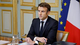 French President Emmanuel Macron takes part in a video-conference of G7 leaders on Ukraine at the Elysee Palace in Paris, Feb. 24, 2022.