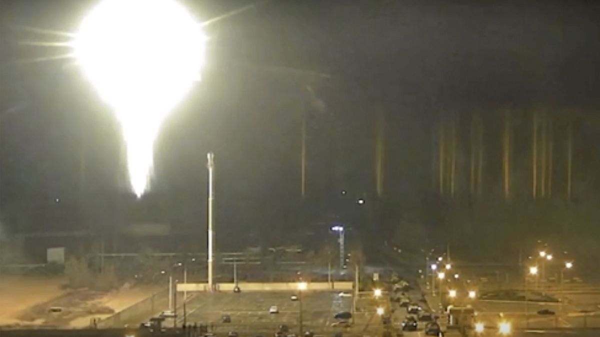 This image made from a video released by Zaporizhzhia nuclear power plant shows bright flaring object landing at nuclear plant in Ukraine Friday, March 4