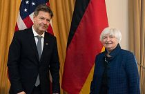 Secretary of the Treasury Janet Yellen greets German Economy and Climate Minister and Vice Chancellor Robert Habeck, at the U.S. Treasury Department in Washington.