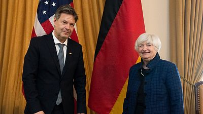 Secretary of the Treasury Janet Yellen greets German Economy and Climate Minister and Vice Chancellor Robert Habeck, at the U.S. Treasury Department in Washington.