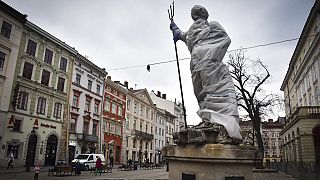 A wrapped sculpture on a city street in Lviv, western Ukraine, Friday, March 4, 2022.