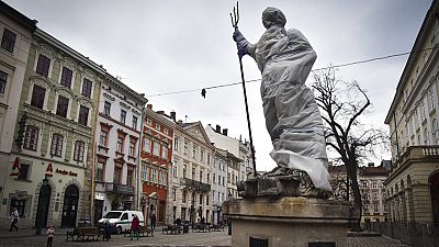 A wrapped sculpture on a city street in Lviv, western Ukraine, Friday, March 4, 2022.
