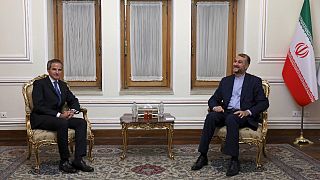 رئيس الوكالة الدولية للطاقة الذرية، رافائيل ماريانو غروسي ووزير الخارجية الإيراني حسين أميرآبد اللهيان يلتقيان  في طهران، إيران.