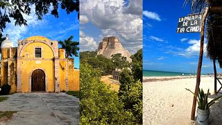 A beautiful church in Chocholá, the main pyramid in Uxmal, and Celestún beach.