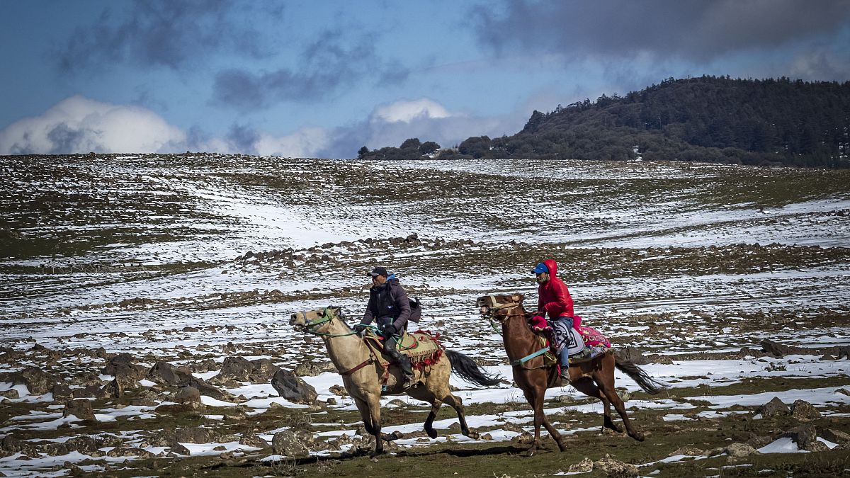 مرشدو خيول محليون يركبون حواجزهم على الجليد في مدينة أزرو، بإقليم إفران شمال المغرب في جبال الأطلس، في 8 فبراير 2021.