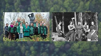 Women working for the Forestry Commission in Scotland (left) and Lumberjills during World War Two on the right.