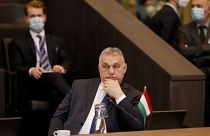 Viktor Orban, pictured at a NATO leaders virtual summit at NATO headquarters in Brussels.