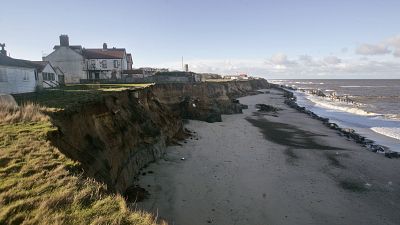 A view of the edge of northeastern coastal village of Happisburgh, in Norfolk, England.