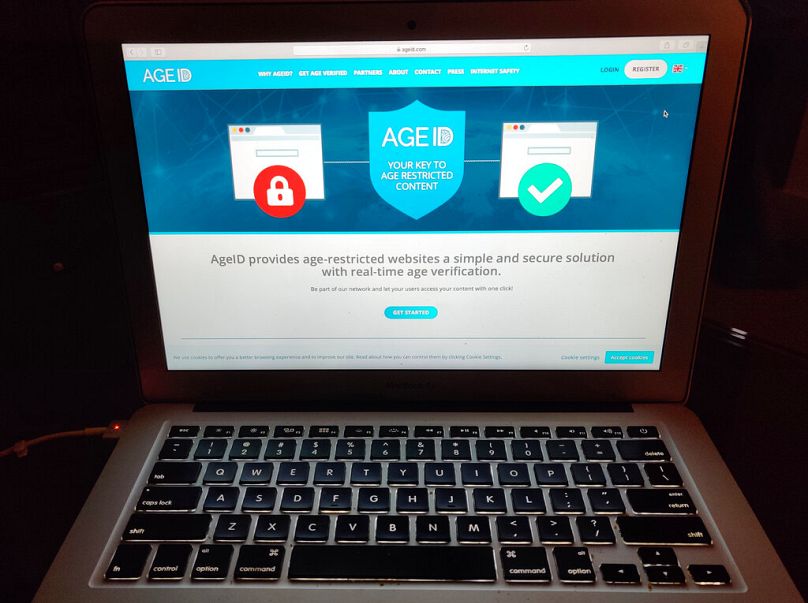 a laptop screen displaying the website for AgeID, an age verification system for the British government’s planned online “porn block", July 2019