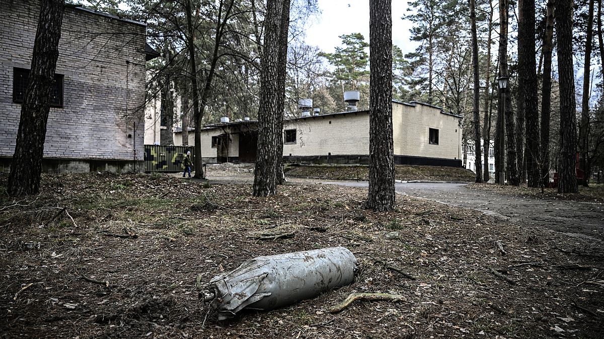 An unexploded bomb in the yard of a military hospital in the town of Irpin, west of Kyiv.