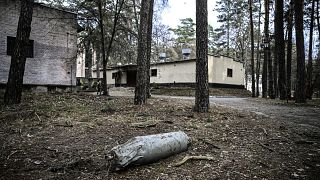 An unexploded bomb in the yard of a military hospital in the town of Irpin, west of Kyiv.