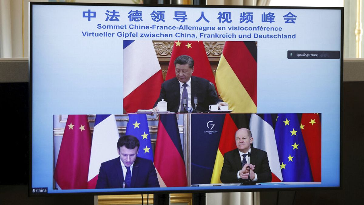 French President Emmanuel Macron, German Chancellor Olaf Scholz, below right, and Chinese President Xi Jinping, top