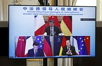 French President Emmanuel Macron, German Chancellor Olaf Scholz, below right, and Chinese President Xi Jinping, top