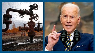 A g. : installation pétrolière près de Moscou (Russie), le 10/09/2011 - A dr.: le président américain Joe Biden à Washington (USA), le 08/03/2022