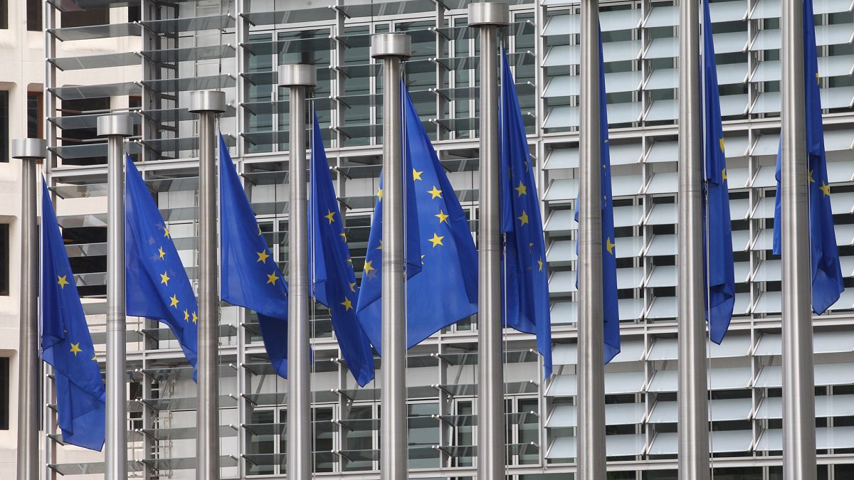 Brüksel'de AB Komisyonu binası önünde asılı AB bayrakları 