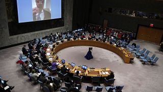 File pic: IAEA Director General Rafael Mariano Grossi, on screen, addresses the UN Security Council, Friday, March 4, 2022. 