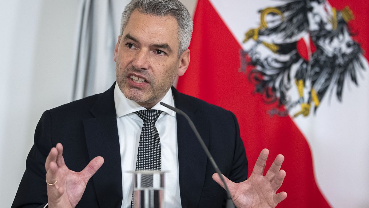 Austrian Chancellor Karl Nehammer presents new COVID19 regulations at a press conference in Vienna, Austria, Jan. 6, 2022