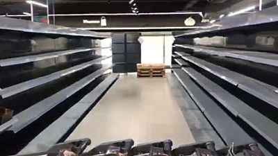 Empty supermarket shelves were seen in Nova Kakhovka, a Russian-occupied city in the Kherson Oblast region of southern Ukraine, on Tuesday, March 8, 2022.