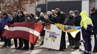 A demonstration in support of Ukraine in front of the Russian Embassy in Riga in February.